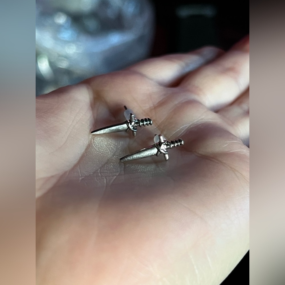 Mini Sword Dagger Stud Earrings Silver Tone Tiny Edgy Goth Bikercore PUNK